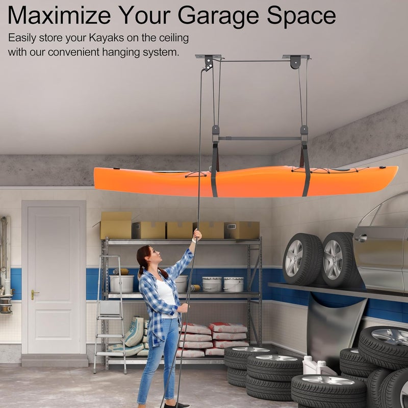 TRUSOON Ceiling Kayak Hoist, Heavy Duty Kayak Pulley System for Garage, Hold Up to 150 lbs Capacity, Canoe Garage Lift Storage System, Fit 10-14 Foot Ceilings, Black - Image 2
